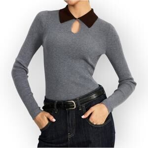 Commense Ribbed Knit Contrast Keyhole Top Gray Black Size S - Euro Chic